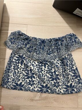 Off-Shoulder Blue and White Floral Lace Women's Top